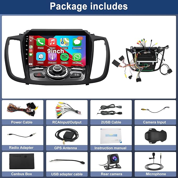4+64G Car Stereo Radio for Ford Escape 2013-2019, 9" Touchscreen Android 15 Car Radio Stereo Head Unit with Wireless CarPlay Android Auto GPS Navi SWC WiFi Bluetooth Voice Assistant FM Camera Mic