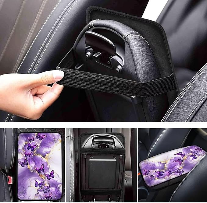 Purple Marble Butterfly Auto Armrest Box Cover Car Armrest Storage Box Mat Center Console Armrest Soft Pad Fits for Most Vehicle,SUV,Truck