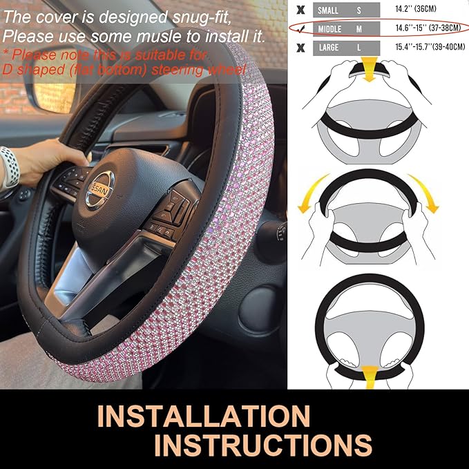 PINCTROT D Shaped Bling Comfy Steering Wheel Cover with Jumbo Crystal Rhinestones, Anti-Slip Diamond Leather, Flat Bottom 14.5-15 Inch (Pink)