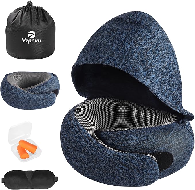 Travel Pillow - Hooded Neck Pillow Airplane Memory Foam Filling for Plane, Office, Cars Sleeping, Road Trip, Long Flights, Airplane Travel Essentials, Includes Eye Mask & Earplugs (Full Blue)