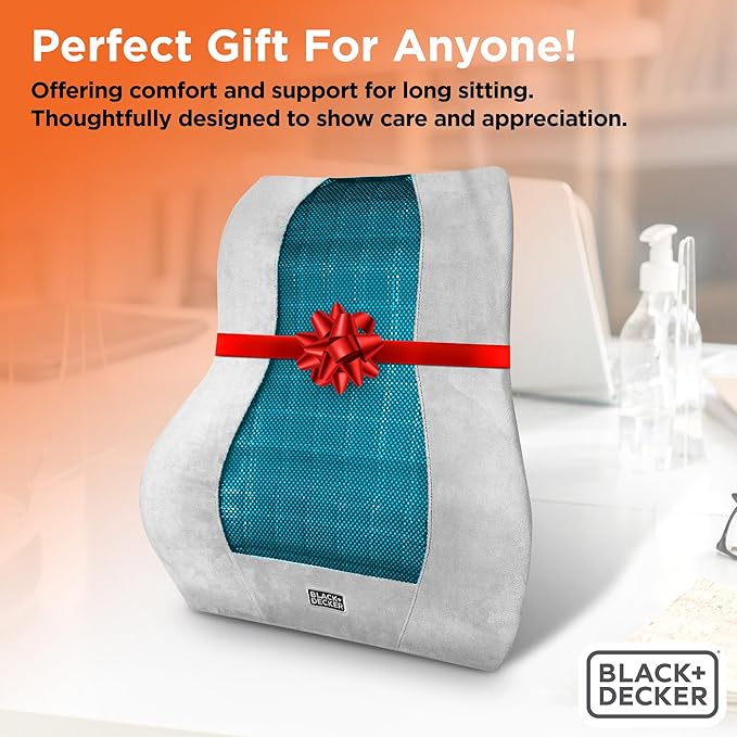 BLACK+DECKER Memory Foam Lumbar Support Pillow with Cooling Gel – High Back Lumbar Cushion for Office, Car, Wheelchair & Airplane – Ergonomic, Pain Relief, Adjustable Strap, Washable Cover,Grey/Black