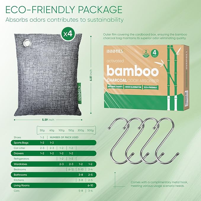 Activated Charcoal Odor Absorber,Large 4x200g w Hooks Nature Odor Eliminator for Strong Odor,Bamboo Charcoal Air Purifying Bags,Moisture Absorbers for Fresh Home Car Closet Pet,Smoke Smell Deodorizer