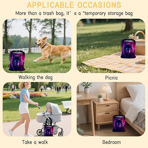Wolf Car Garbage Bag,Glowing Wolf on Starry Night Small Car Trash Bag Hanging,Drawstring Car Garbage Bag with Adjustable Buckle for Car Back Seat,SUVs,Camping,Road Trips