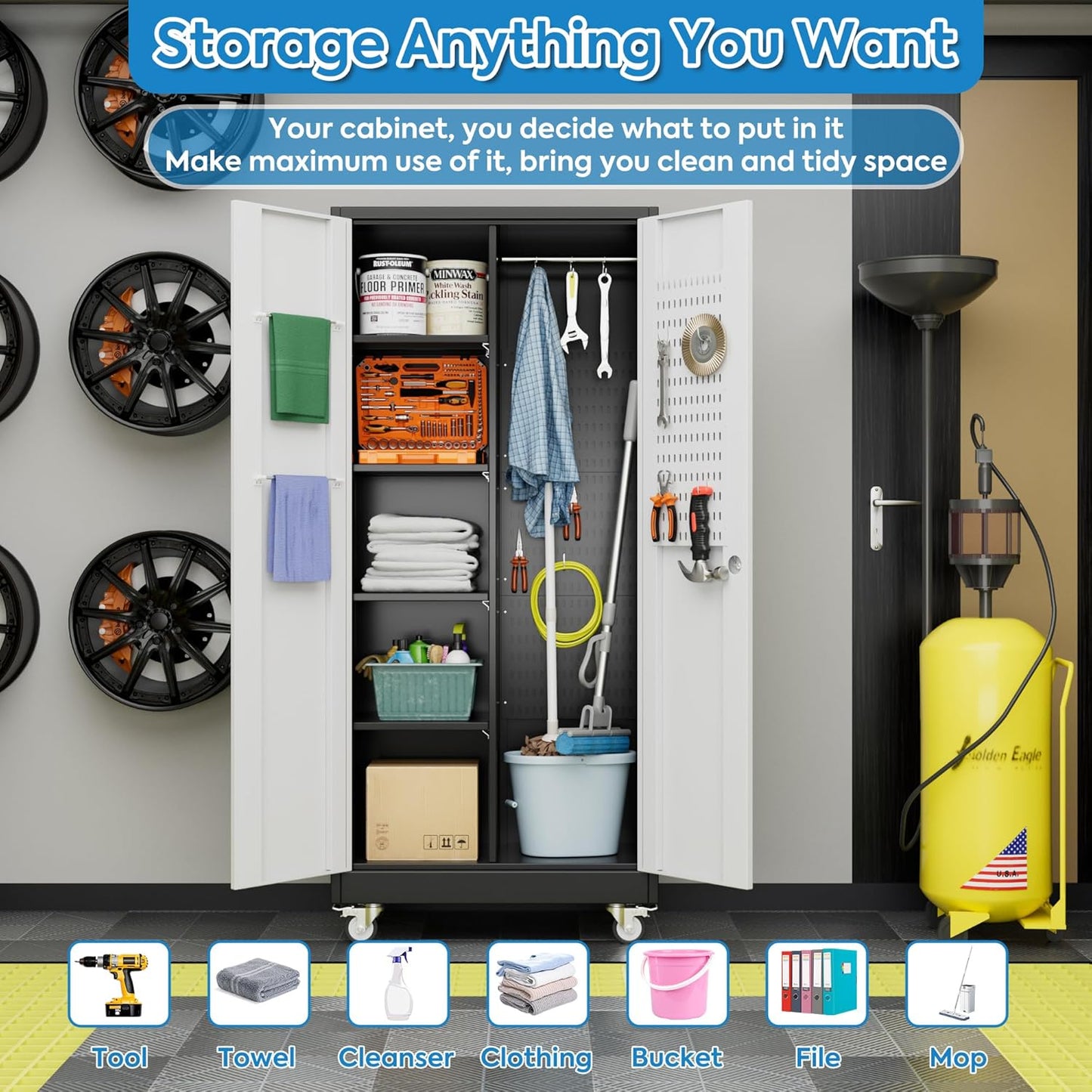 Broom Closet Storage Cabinet with Hanging Rod, 71" H Metal Garage Storage Cabinet with Wheels and 4 Adjustable Shelves, Locking Broom Closet with 13 Hooks for Garage, Bathroom, Home