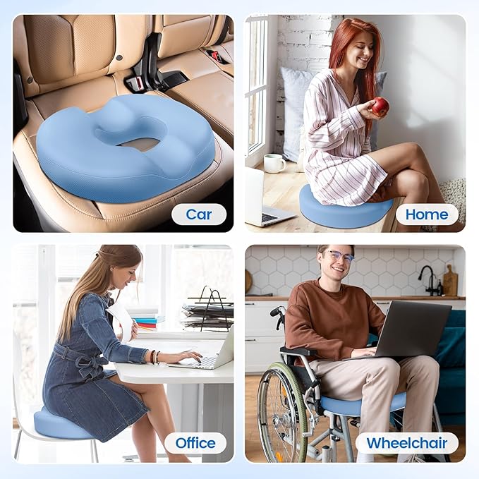 Donut Pillow Seat Cushion - Cooling Gel Outdoor Chair Cushions, Memory Foam Cushion for Office and Home, Car Seat and Patio Cushions, Hemorrhoids Pillow, Sciatica and Tailbone Pain Relief, Light Blue
