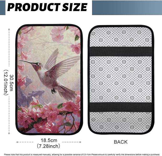 Cute Hummingbird Car Armrest Seat Box Cover Elastic Flannel Car Arm Rest Cushion Pad Scratch Resistant Middle Console Lid Protector Pad for Cars Trucks and SUVs