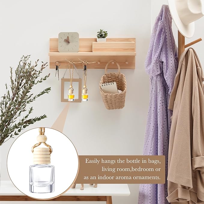 BBTO 200 Pcs Hanging Car Diffuser Bottles Bulk, Empty Clear Glass Air Freshener Bottles with Wooden Cap for Perfume Essential Oils Fragrance Aromatherapy Ornament(Cylinder)