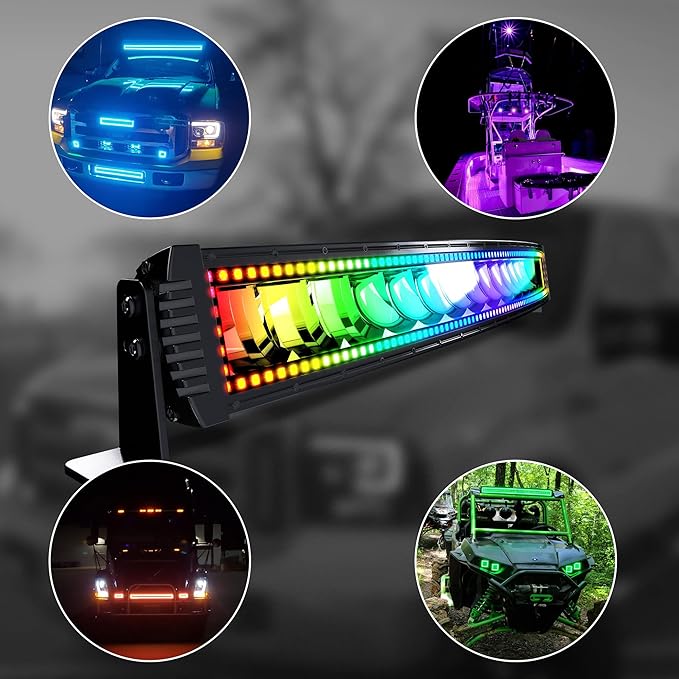 32" Curved RGB LED Light Bar 2X 4 Flood LED Pods with Chasing RGB Halo 16 Solid Colors Offroad Driving Fog Lights with Switch Wiring Harness