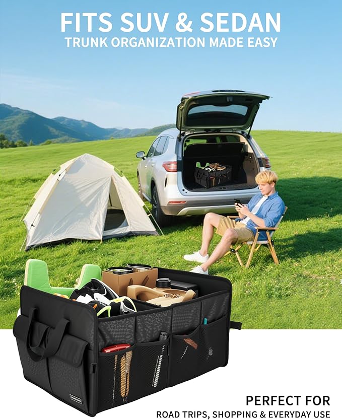 SIBOFUEGO Sturdy Car Trunk Organizer β Large Capacity Trunk Organizer for SUVs & Sedans, Hard-Shell One-Piece Design with Cute Print, Collapsible and Durable Car Organizers (Black Leopard 70L)