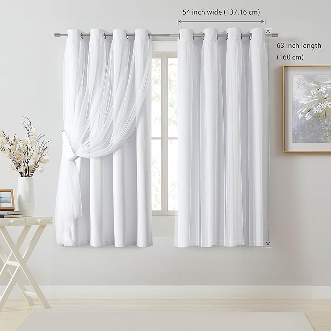 Bujasso White Full Blackout Curtain Panels with Sheer Overlay Mix and Match Double Layer Thermal Insulated Window Treatment Set for Living Room White Drapes with Tiebacks Grommet Top 54" Wx63 Lx2