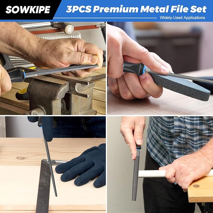 SOWKIPE 3-Piece Metal File Set, Premium High-Carbon Steel Files, 8 Inches, Includes Flat, Round, and Half-Round, Perfect for Metal, Wood, and More