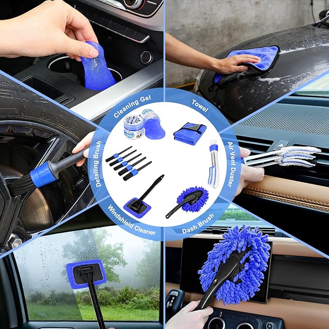 Nilight 15PCS Car Detailing Kit Auto Cleaning Tools Wash Set with Storage Carry Bag Beginners Easy to Use for Interior Exterior Car Care Clean Windshield Dashboard Seat Air Vents Wheels Tires, Blue