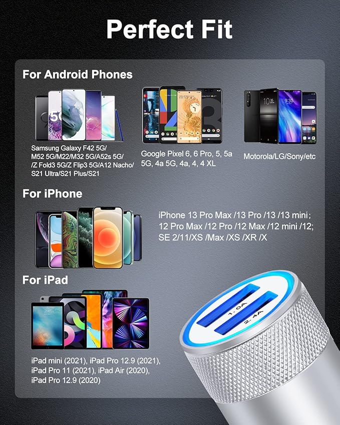 Car Charger, AILKIN 3.4a Portable Dual Port USB Cargador Carro Fit Lighter Spot Socket Adapter for iPhone 17 16E 16 15 14 13 Pro Max Plus, iPad, Tablet, Samsung Galaxy S25 Ultra Cigarette Auto Charger