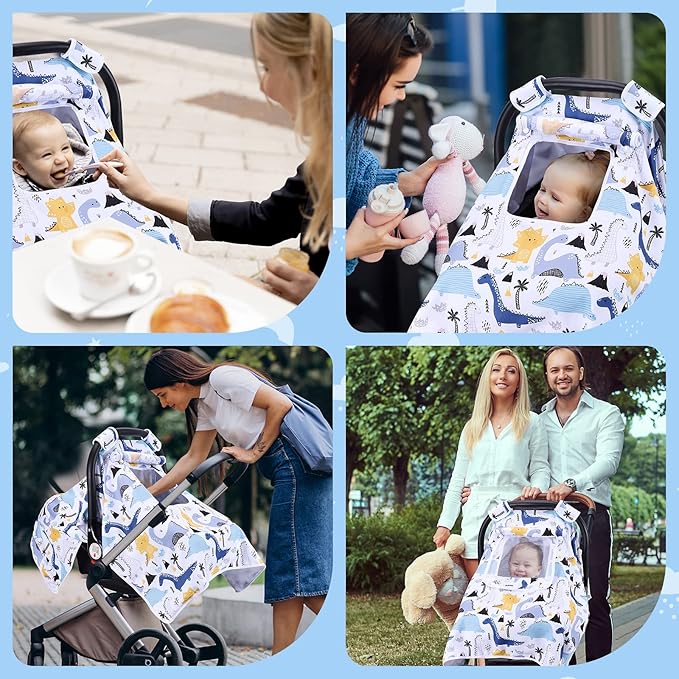 THE KENKYO Car Seat Cover for Babies, Breathable Carseat Cover for Boys Girls, Kick-Proof Infant Car Seat Canopy with Mesh Peep Window and Sun Shade, Windproof Stroller Cover for All Seasons