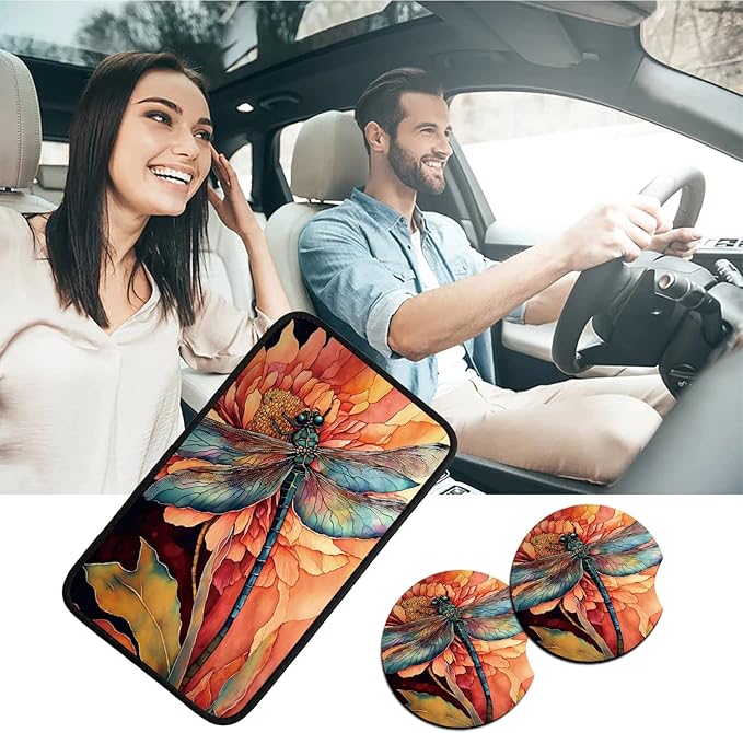 Car Armrest Cover Pads Universal Fashion Cute Auto Center Console Armrest Cover Pad with 2PCS Car Coasters Soft Waterproof Car Armrest Seat Protector for Women Girls, Dragonfly