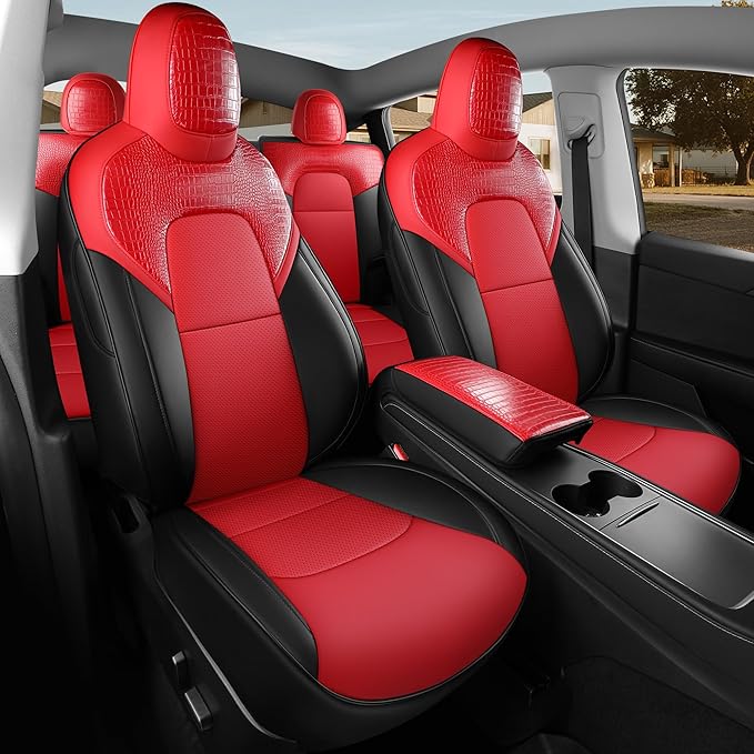 for Tesla Model Y Seat Cover 2020 2021 2022 2023 2024 (5-Seater Only) Customized Fit Car Seat Cover Interior Protectors (Crocodile Skin Red+Black)