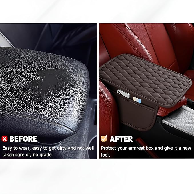 Car Center Console Cover, Leather Vehicle Armrest Seat Box Cushion Pad with Storage Bags, Waterproof Automotive Middle Console Protector, Universal for SUV RV Truck (Coffee)