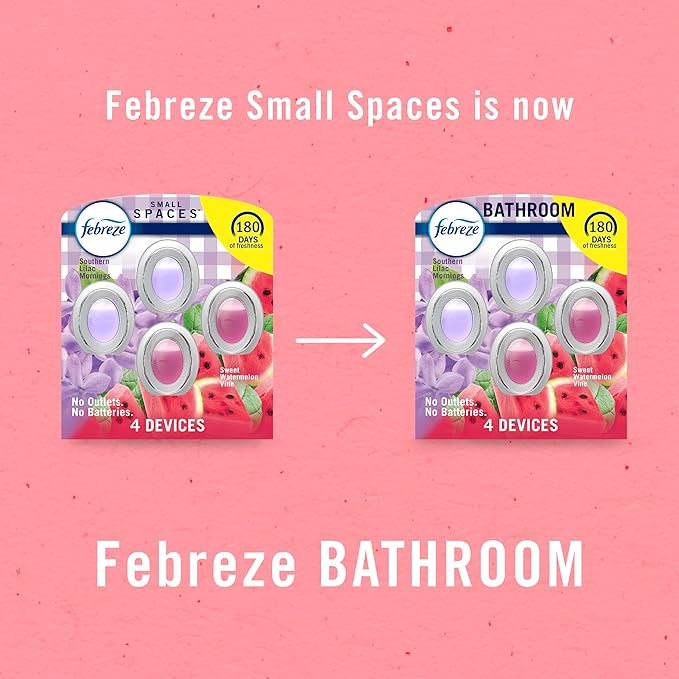Febreze Bathroom Air Freshener, Odor-Fighting, Plug In Alternative, Air Fresheners for Small Spaces in Home, Bathroom, Kitchen, & Closet, Lilac & Watermelon Scents, 4ct (2 of Each Scent)
