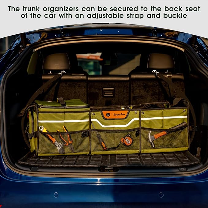 SugarFox Car Trunk Organizer for SUV, Heavy Duty Waterproof Trunk Organizer, Foldable Collapsible Car Organizer with Cooler, Multi-Compartment Large Trunk Organizer (95L), Green-M003