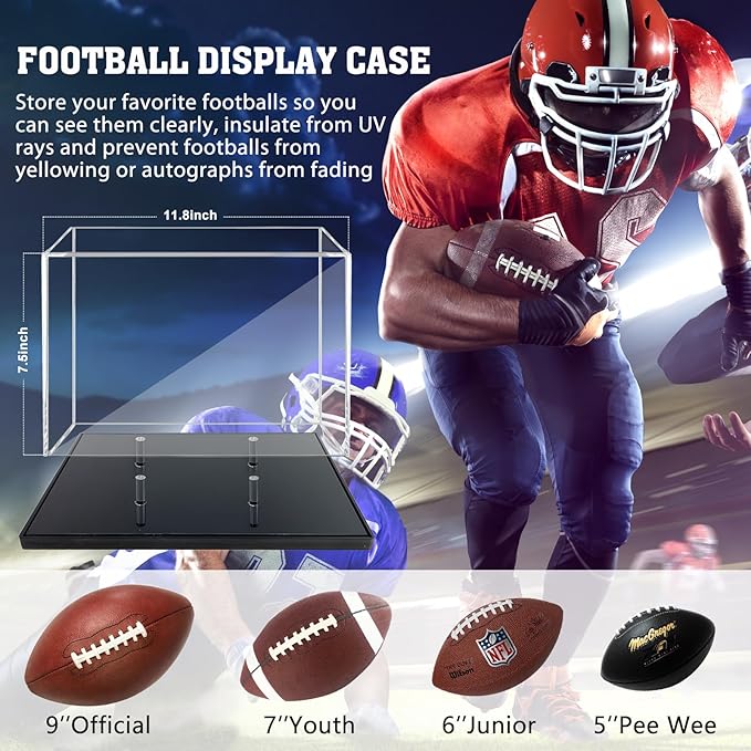 Football Display Case, Acrylic Football Case Display Clear, UV Protected Memorabilia Holder, Football Stand for Autographed, No Assembly Required