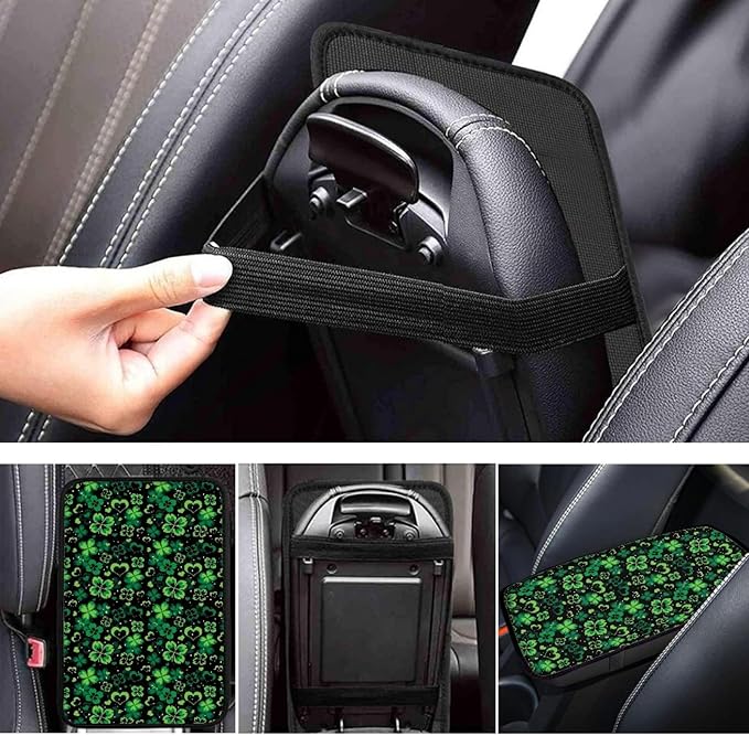 UNICEU St Patrick's Day Decor Automobile Interior Decor Lucky Green Leaf Print Armrest Cover for Women, Soft Car Center Console Armrest Protector Cover Pad