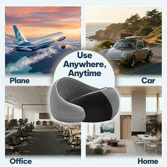 Memory Foam Travel Neck Pillow for Airplane & Neck Pain Relief – 360° Ergonomic Support – Free Eye Mask & Ear Plugs – Soft Breathable Cover – Ideal for Plane, Car, Office & Home