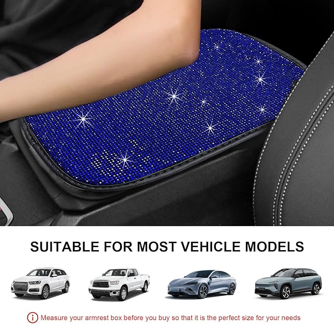 Bling Car Armrest Cover, 11.8"×8.5" Crystal Rhinestone Auto Center Console Protective Cover, Bling Charming Arm Rest Cushion Pad for Most Cars SUVs Trucks, Car Accessories (Black&Blue)
