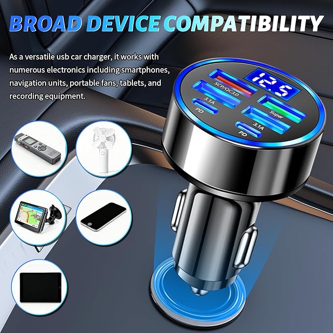 6 in 1 Cigarette Lighter USB Charger,PD+QC3.0 Car Charger USB C Fast Charge with Voltage Display,Multi Port Super Fast Cars Chargers Adapter Car Accessories for 12V/24V Vehicles