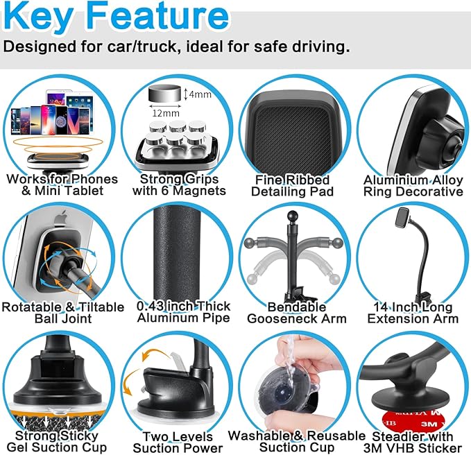 1Zero Magnetic Phone Car Mount 14-Inch Gooseneck Long Arm Extension, Universal Windshield Dashboard Industrial-Strength Suction Cup Car Phone Holder for All Cell Phones (Magnetic Phone Mount)