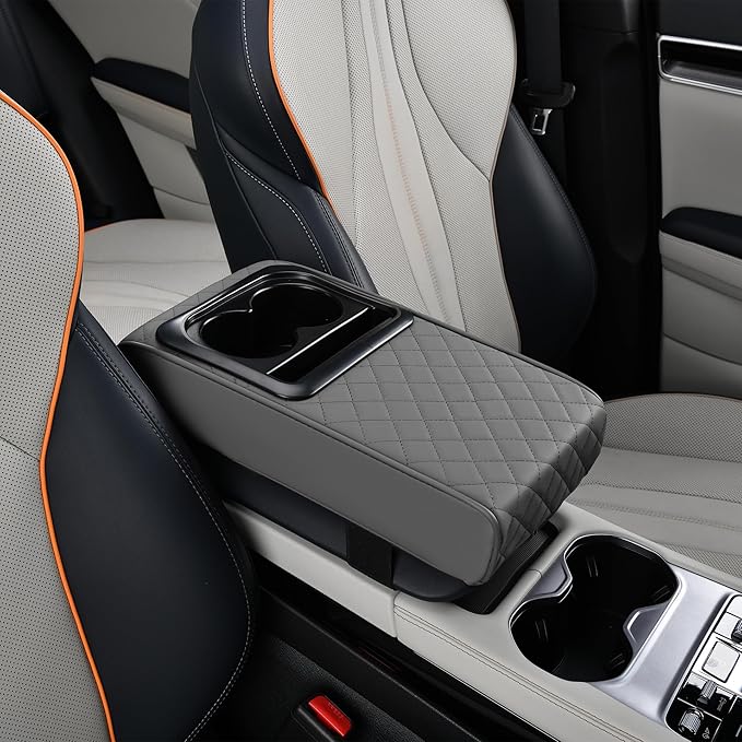 Center Console Cover Car Armrest Box Pad Leather Arm Rest Cushion with Cup Holder Mobile Phone Storage Armrest Protection Pad for Car (Grid Grey, 13.58 * 8.07 * 2.95 inch)
