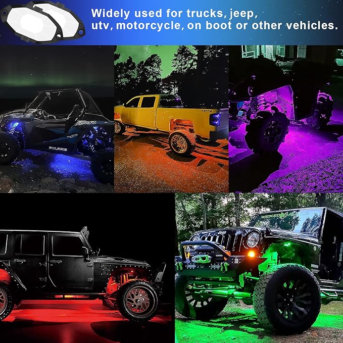 RGB LED Rock Lights, Neon Underglow Kit for Car with App/Remote Control and Voice-Activated Music Mode, 4 Pods Waterproof Car Light Rock Lights for Trucks ATV SUV RZR UTV Boat Motorcycle (Blue)