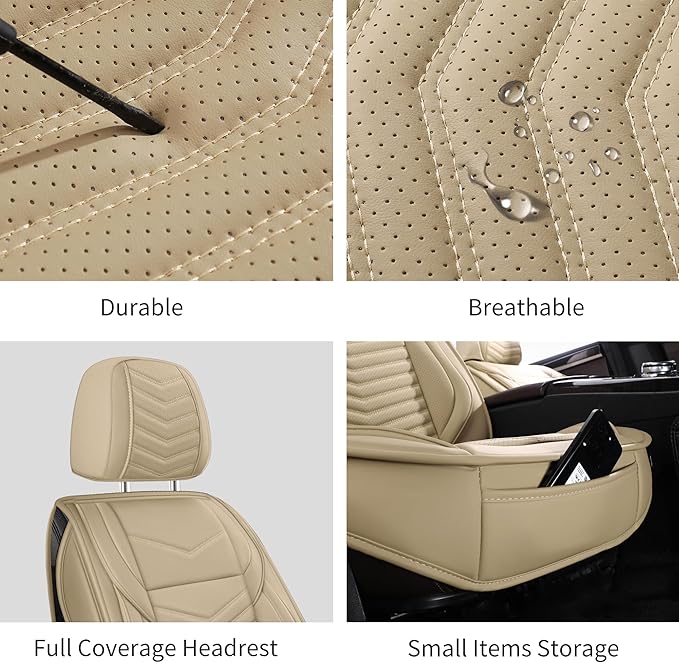 Nappa Leather Car Seat Covers Front Seats, Beige Car seat Protector, Waterproof Car Seat Cushion, Universal Automotive Seat Covers Fit for SUV Truck Pick-up Sedan and Most Cars