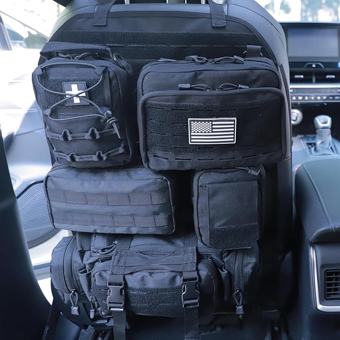 Universal Tactical Seat Back Organizer Vehicle Molle Panel Organizer Storage Bag with 5 Detachable Molle Pouch for All Vehicel Such as Jeep,Truck,SUV, Car, Ford,Chevy etc