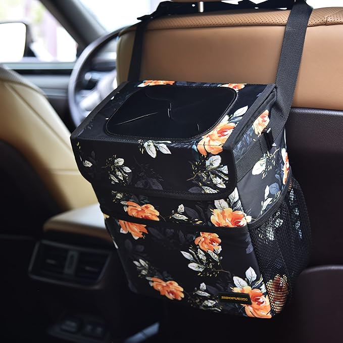 SIBOFUEGO Cute Car Trash Can with Lid โ Multipurpose Collapsible Trash Bin for Car, Leak-Proof Organizer, Waterproof Garbage Can with Storage Pockets & Adjustable Straps, 2 Gallons (Flower)