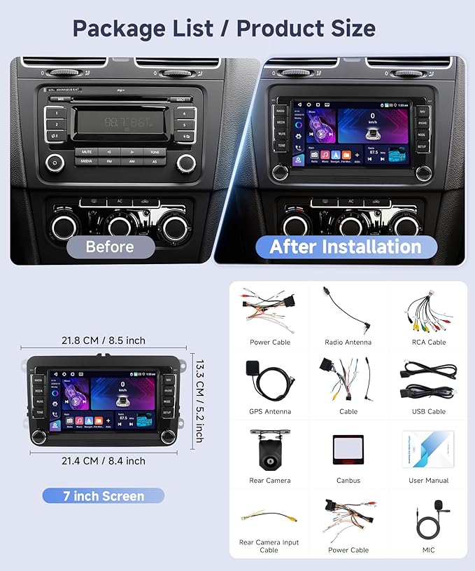 4G+64G Android Car Stereo for VW Golf MK5 MK6 Passat Jetta Tiguan T5 EOS Polo with Wireless CarPlay Android Auto, 7 Inch Touchscreen Car Radio GPS WiFi SWC Bluetooth 32EQ Backup Camera