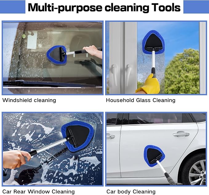 9PCS Windshield Cleaning Tool, 180° Rotating Extendable Car Window Cleaner, Auto Glass Wiper Kit Includes 6 Reusable Microfiber Pads, 1 Spray Bottle, 1 Air Conditioning Brush