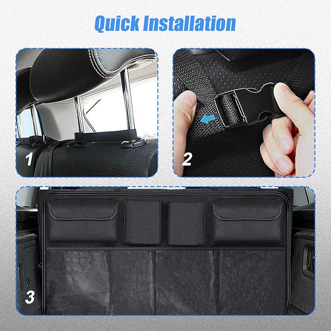 Car Trunk Organizer, Backseat Hanging Trunk Organizers and Storage, Waterproof Collapsible Cargo Storage Bag with 4 Pockets & 4 Mesh Pouches, Car Interior Accessories for SUV, Truck (Black)