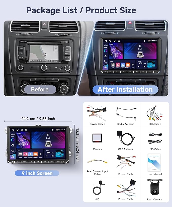 4G+64G Car Radio for VW Golf MK5 MK6 Passat Jetta Tiguan T5 EOS Polo with Wireless CarPlay Android Auto, 9 Inch Android Car Stereo GPS Navigation WiFi SWC Bluetooth FM with Backup Camera