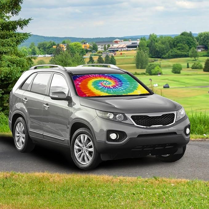CHILL�TEK Car Windshield Sun Shade Umbrella, Fashion Tie Dye Foldable Umbrella Sunshade for Front Window UV Reflector Protection Auto Shades Cover red 1,57x31 In