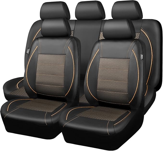 CAR PASS Piping PU Leather Car Seat Cover Full Set,Inside Zipper Design and Reserved Opening Holes,Airbag Compatible,Universal FIT for Car, SUVs,Van,Small Trucks(Full Set, Black & Gold)