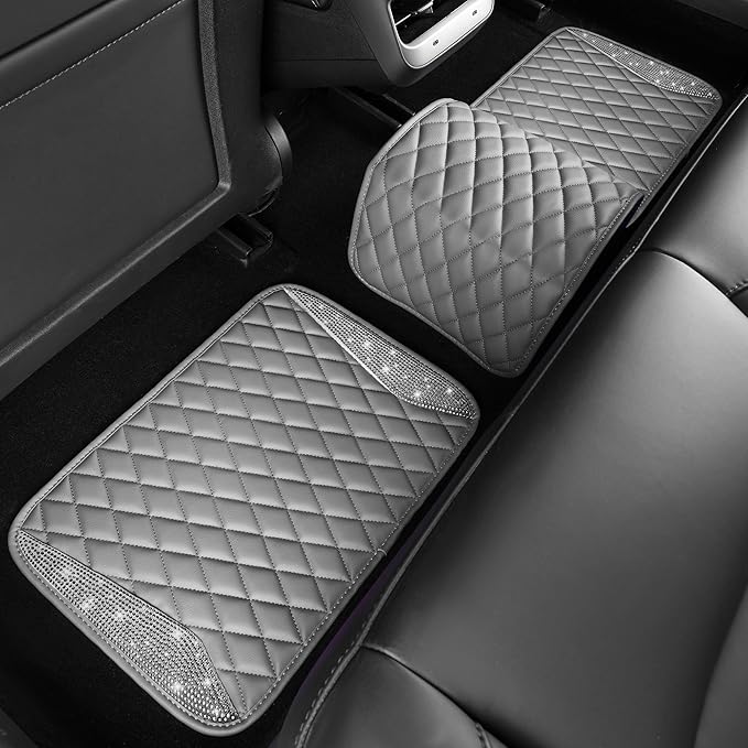 CAR PASS Bling Diamond Car Mats Gray Leather Floor Mats Sparkly Glitter Crystal Shining Rhinestone Carpet Anti-Slip Waterproof Pad Universal Fit for Automotive SUV Sedan Van 5pcs for Girl Women Gray