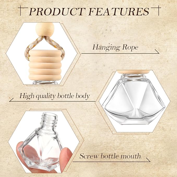 Domensi 200 Pcs Car Diffuser Bottles Air Freshener Bulk, Hanging Empty Glass Perfume Bottles Refillable Air Freshener Pendant Fragrance Vials Ornament Decor with Wooden Caps String(Classic)