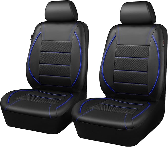 CAR PASS Universal FIT Piping Leather Two Front Seat Covers, Waterproof Faux Leather for SUV Sedan Van Truck, Airbag Compatible,Reserved Opening Holes for Headrest Covers. (Black and Blue)