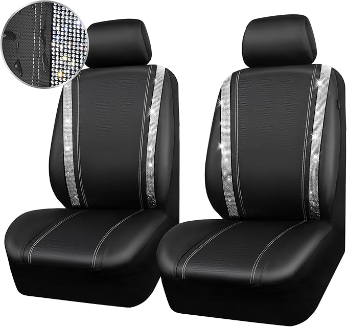 CAR PASS Leather Bling Diamond Car Seat Cover 2 Front Interior Sets, Waterproof Universal Shining Glitter Crystal Sparkle Fit for 95% Automotive Truck SUV Cute Women Girl, Black Silver Rhinestone