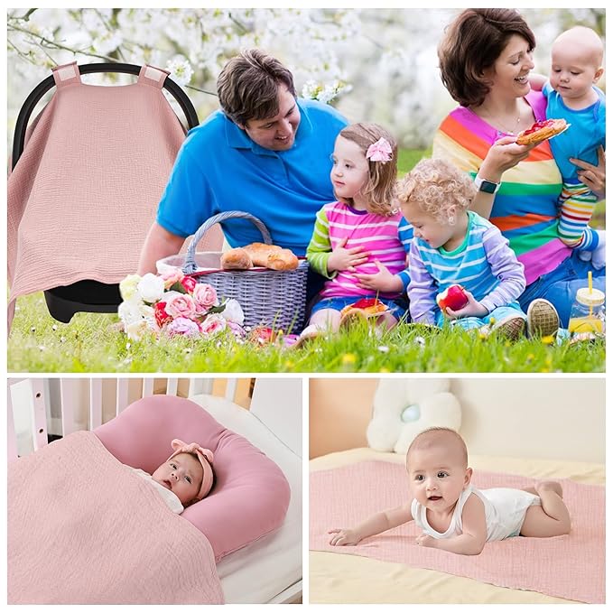 SERAPHY 100% Muslin Cotton Car Seat Cover Baby, Universal Carseat Covers, Breathable Baby Car Seat Canopy for Boys Girls, Soft Infant Car Seat Cover for Summer —Pink
