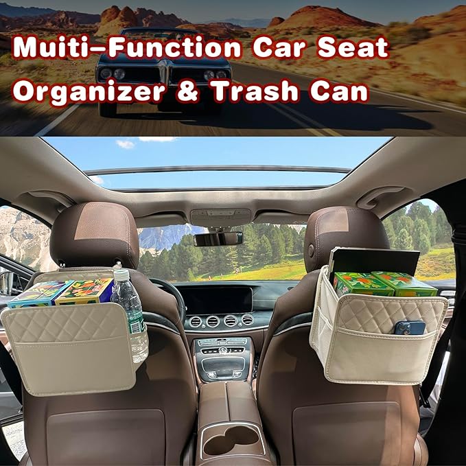 Witaxima 2 Pack Upgraded Car Seat Organizer Backseat with Storage Pockets, Multipurpose Car Organizer Hanging Car Trash Bag Premium PU Leather Garbage Can 2.14 Gallon Large Capacity Accessories Beige