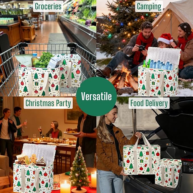 VENO 2 Pack Cooler Bag, Insulated Grocery Bags for Food Delivery, Collapsible Cooler, Reusable Shopping Bags for Groceries, Hard Bottom, Water Resistant, Zippered, Foldable (Jingle Mix, 2 Pack)