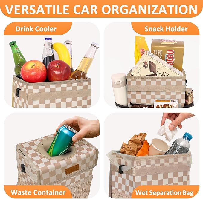 Car Trash Can Bin with Lid Hanging for Back Seat, Car Accessories for Women Men Leak Proof Automotive Garbage Cans Leakproof Vehicle Trash Can for Truck SUV,Khaki Checkered