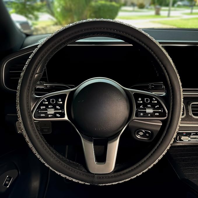Lord AutoFashion 15 Inch Luxury Universal Steering Wheel Cover Rhinestone Crystals Anti-Slip Microfiber Leather for Women Girls Men Boys Car Accessory Bling Diamonds Gold (JX06)