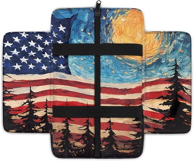 Car Console Covers, Memory Foam Center Console Cushion with Storage Bags, American Flag Sky Middle Console Protector Car Accessories Interior for Women Men